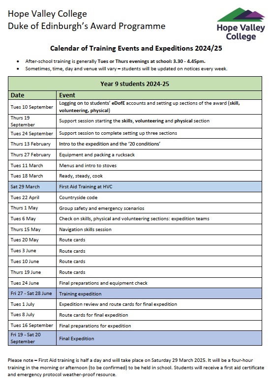 Duke of Edinburgh's Award calendar and link to downloadable document